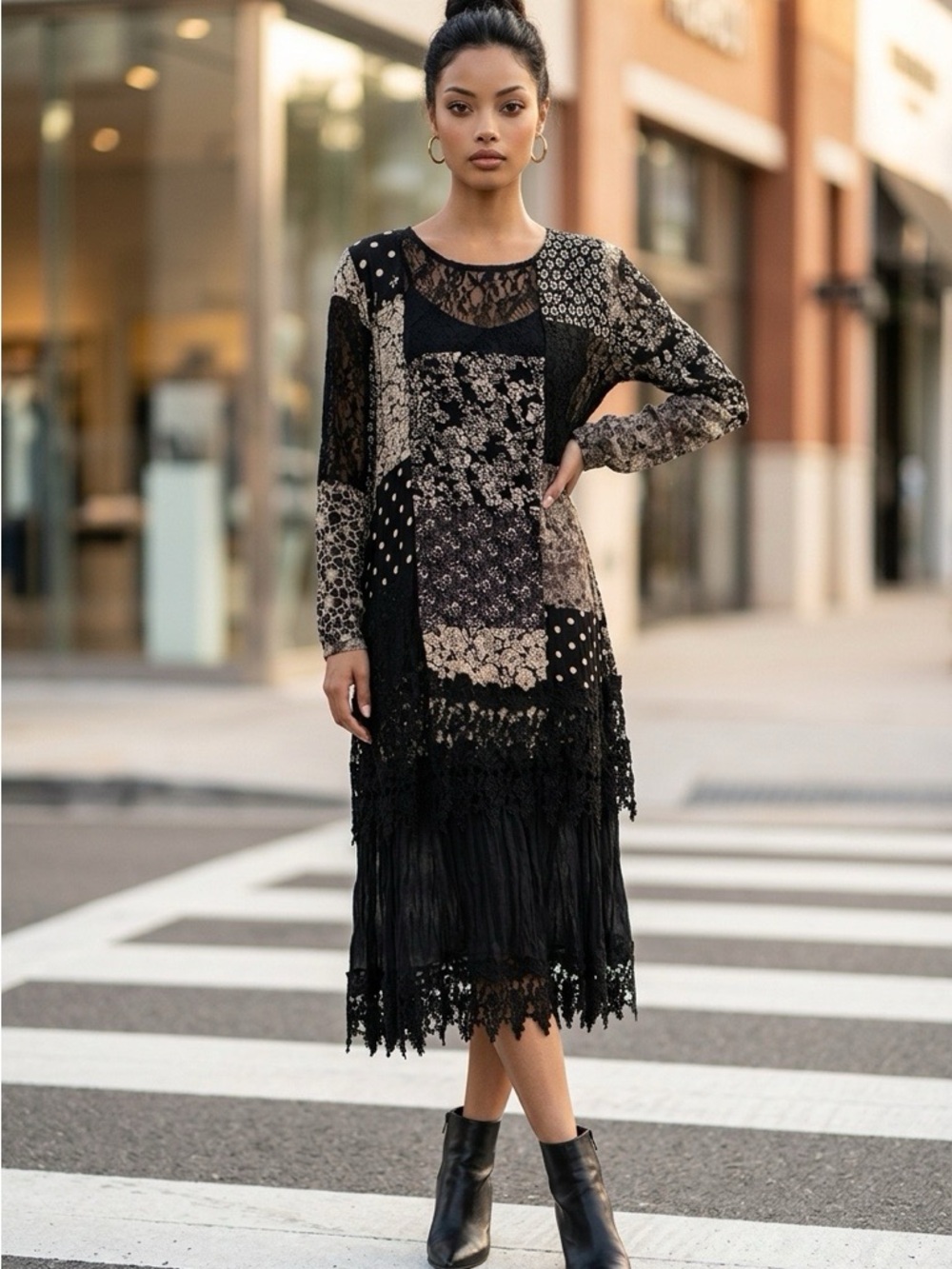 Beautiful long Black/Beige lace patchwork tunic overlay black dress OS